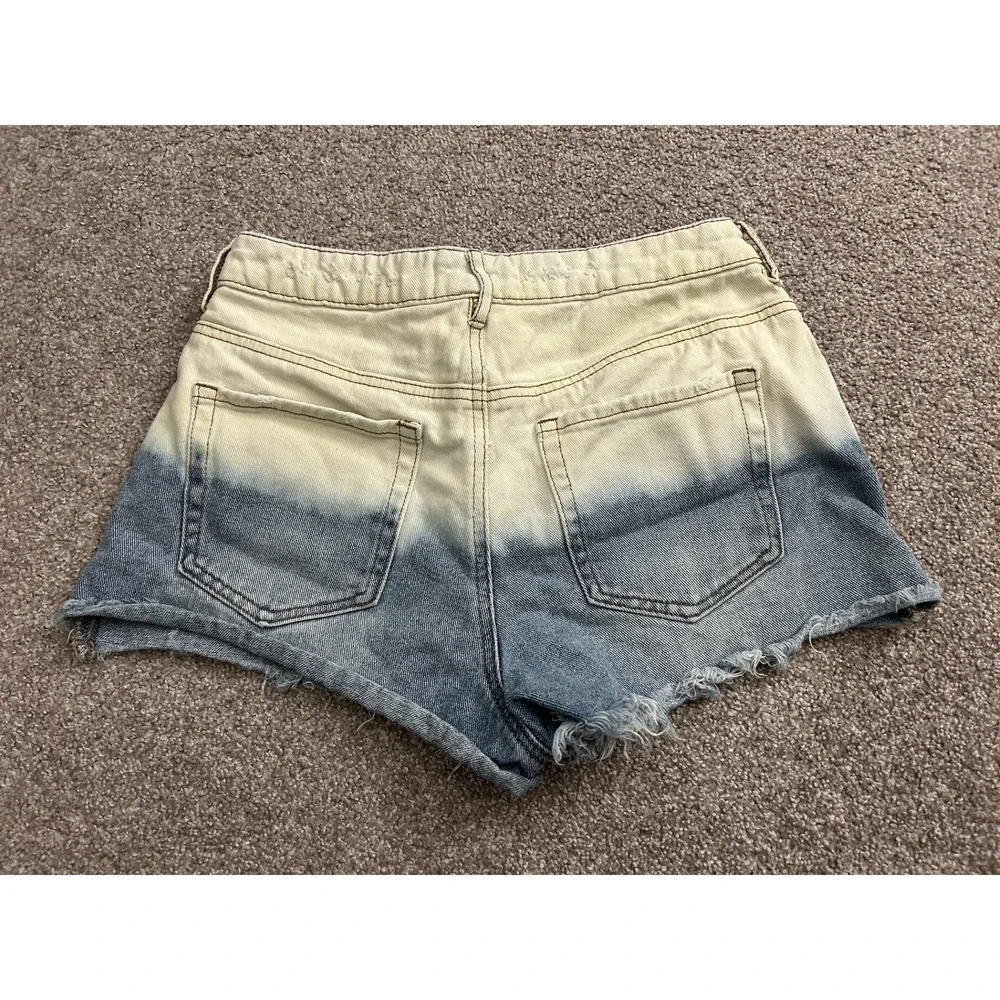Vintage High Rise Festival Shorts Womens 27 Blue‎ Cream Dip Dye Raw Hem Denim